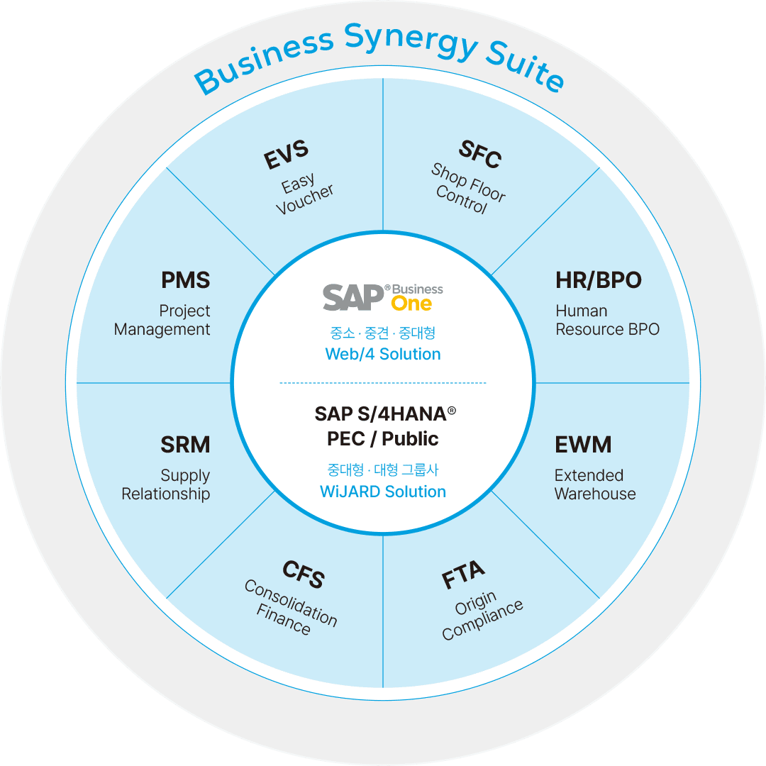 비즈니스에 필요한 맞춤 기능 모듈을 포함한 SAP ERP Businee Synergy Suite 서비스